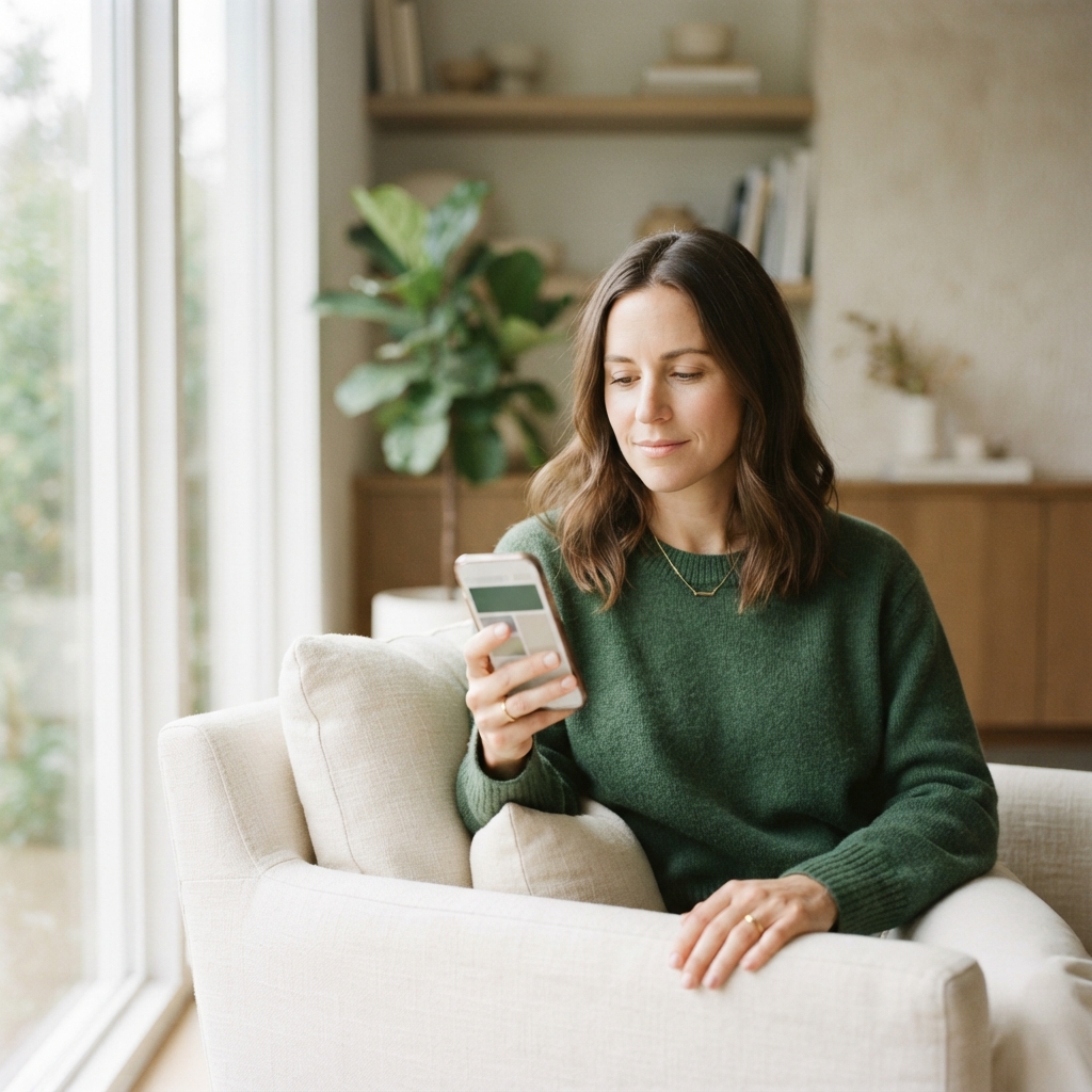 Woman in a green sweater sits in a cream armchair and looks at her smartphone in a bright living room.